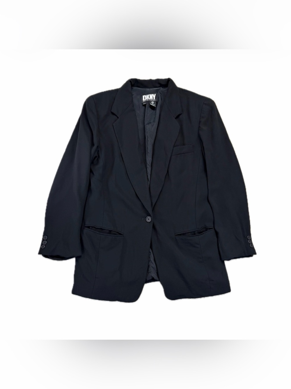 Vintage DKNY Women’s One Button Fitted Blazer Jacket Black 100% Wool Size 6